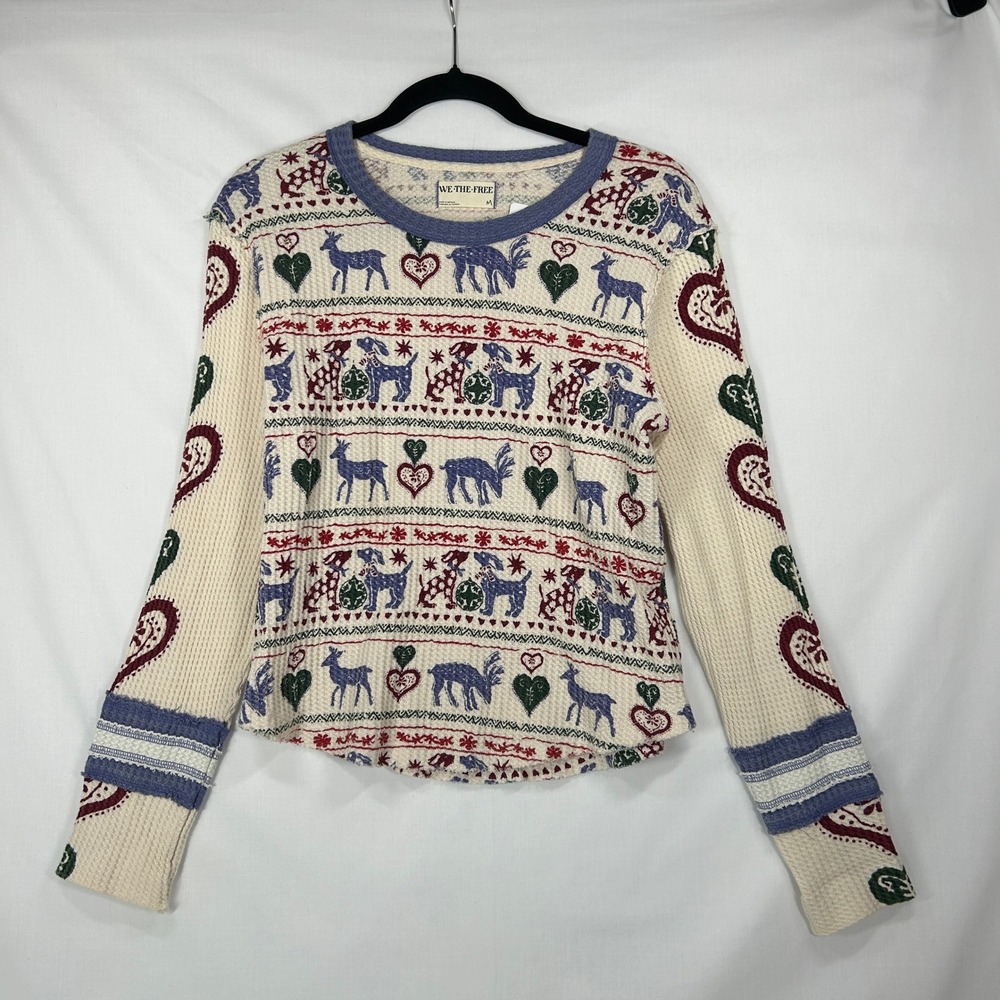We The Free People Fair Isle Thermal Waffle Knit Long Sleeve Top Medium
